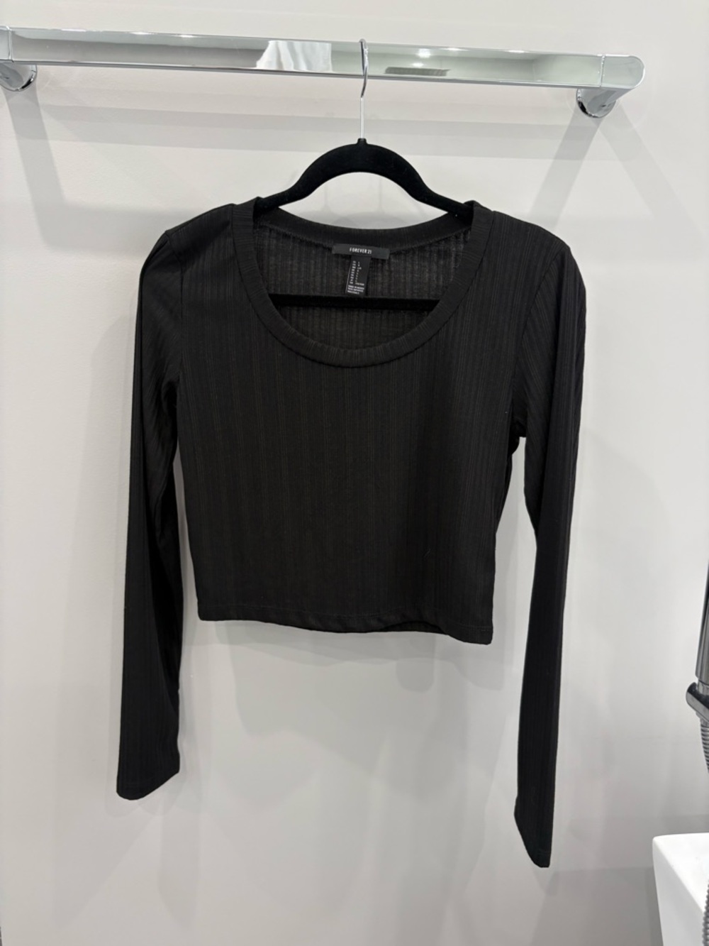 Forever 21 Black Ribbed Long Sleeve Crop Top - Scoop Neck
